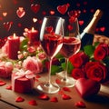 Valentines day background with red roses, gift box and two glasses of champagne Royalty Free Stock Photo